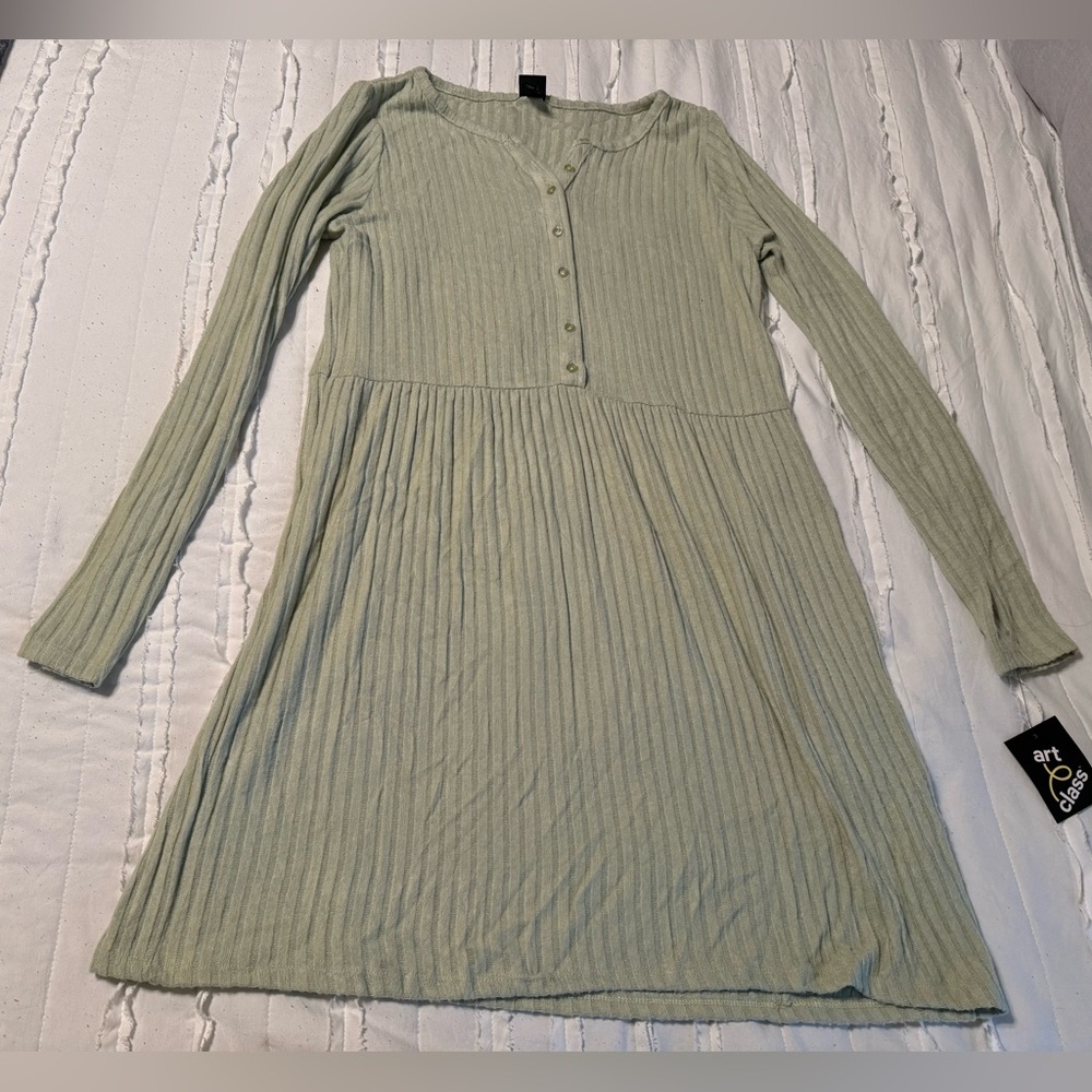 art class Sage Green Ribbed Long Sleeve Casual Dress